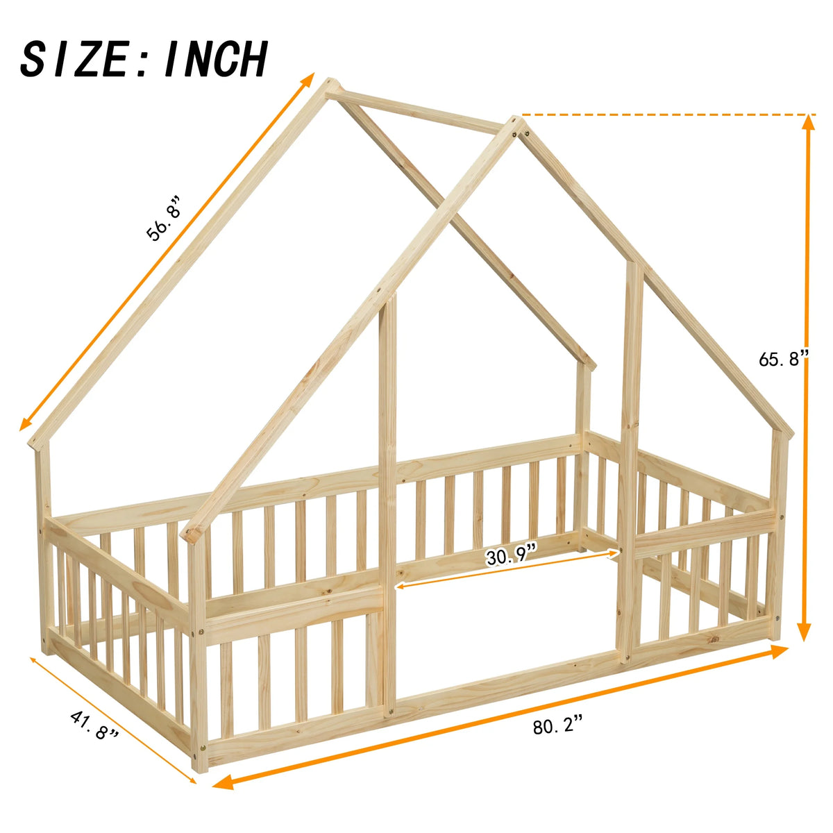 Bellemave Twin Size Floor Bed Frame, Wooden House Bed Twin Size with Fence, Montessori Bed with Guardrails for Bedroom (White)
