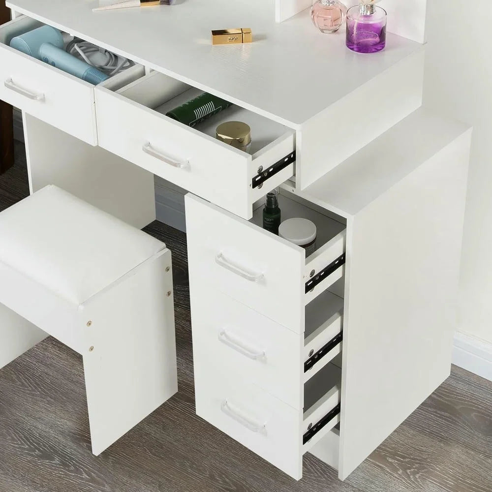 Kadyn Vanity Desk with Lighted Mirror, Vanity Table and Chair Set with 2 Drawers, Dressing Table Makeup Desk with 1 Door, Retro Gray