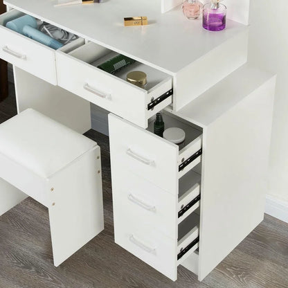 Kadyn Vanity Desk with Lighted Mirror, Vanity Table and Chair Set with 2 Drawers, Dressing Table Makeup Desk with 1 Door, Retro Gray