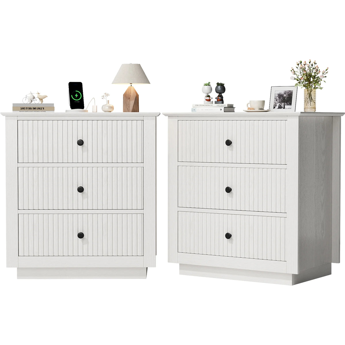 IDEALSOUL Nightstand Set of 2, 24" Wide End Table with Storage, Fluted Nightstand with USB Charging Station, Large 3 Drawers nightstand for Bedroom Living Room(2pc, White)