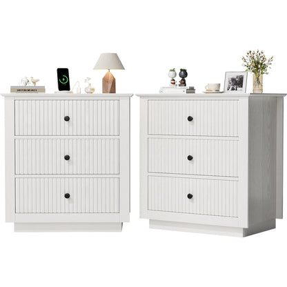 IDEALSOUL Nightstand Set of 2, 24" Wide End Table with Storage, Fluted Nightstand with USB Charging Station, Large 3 Drawers nightstand for Bedroom Living Room(2pc, White)