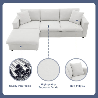 Harper & Bright Designs Modern Sectional Sofa 3 Seat Couch with Ottoman, Upholstered L Shaped Cloud Couch for Small Space Apartment Office, White