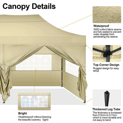 COBIZI 10x20 Heavy Duty Pop up Canopy Tent with 6 sidewalls Easy Up Commercial Outdoor Canopy Wedding Party Tent for Beach All Season Wind & Waterproof Gazebo with Roller Bag,Black(Frame Thickened)