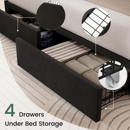 LARMACE King Size Upholstered Bed Frame with 4 Storage Drawers and Vertical Channel Tufted Headboard Linen Platform Bed Frame Wingback Beds with Wooden Slats Support, Beige