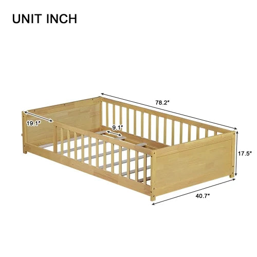 Bellemave Twin Size Floor Bed with Fence, Montessori Floor Twin Bed with Built-in Book Rack, Solid Wood Twin Bed with Slats and Safety Guardrails, Natural