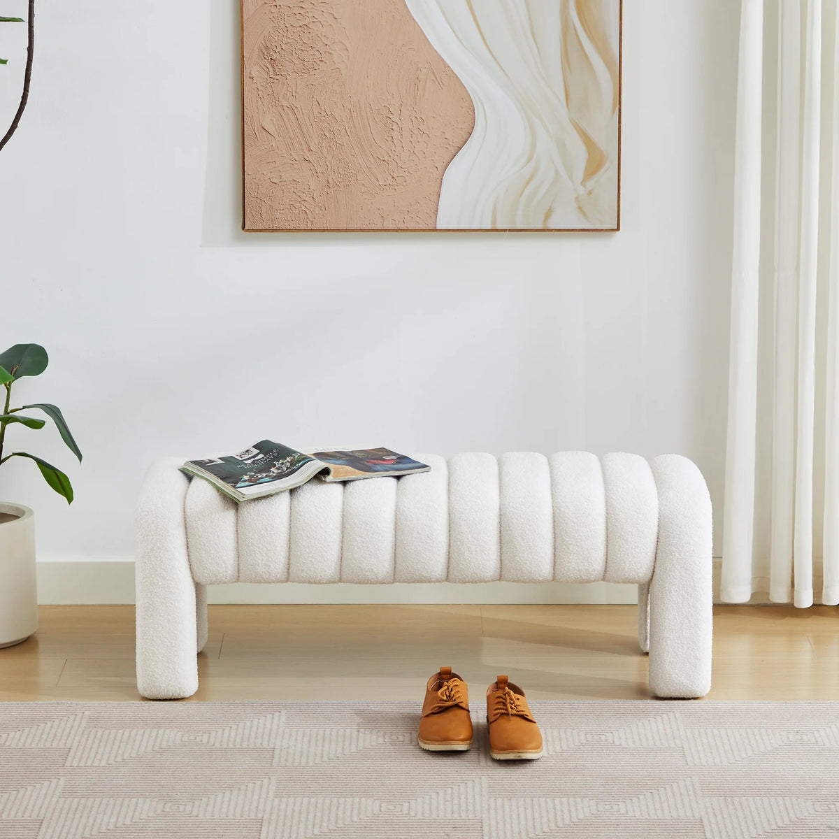 Zesthouse 63�� End of Bed Bench, Linen Tufted Upholstered Ottoman Bench with Padded Seat and Solid Wood Leg, Modern Entryway Bench for Bedroom, Living Room, Beige
