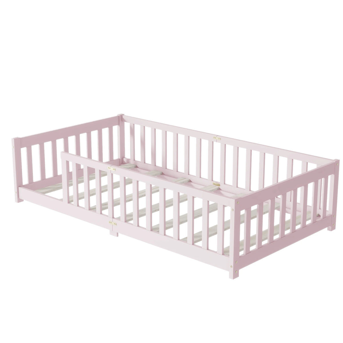 Miniyam Wooden Twin Size Floor Bed with Safety Fence for Kids, Natural