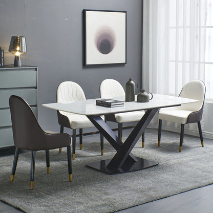 Leavader 63" White Stone Dining Table Set with Black Carbon Steel Base with 6 Dining Chairs