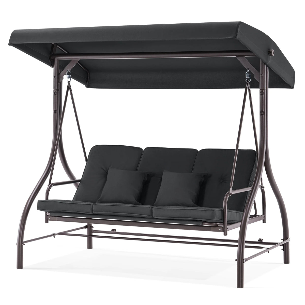 MCombo 3-Seat Outdoor Patio Swing Chair Cushioned with Adjustable Backrest and Canopy, Pillow, Brown