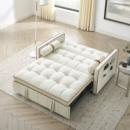 55.5" Modern Velvet Pull Out Sleep Sofa Bed,Convertible 2 Seater Loveseats Sofa Couch with Side Pockets, Velvet Sleeper Bed with Adjsutable Backrest and Lumbar Pillows for Small Space(Beige)