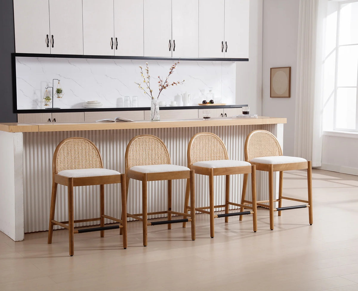 Guyou Modern Bar Stools Set of 2, 26" Counter Height Bar Stools with Natural Rattan Back and Solid Wood Frame, Sherpa Upholstered Kitchen Island Chairs for Bar Island Cafe Kitchen, Black