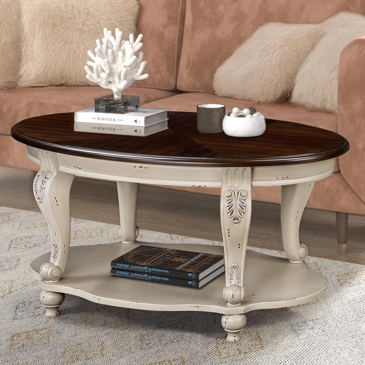 42" Oval Coffee Table with Storage Shelf, 2-Tier Solid Wood Cocktail Tea Table, Traditional Retro Center Table for Living Room, Bearing 400LBS, Cherry
