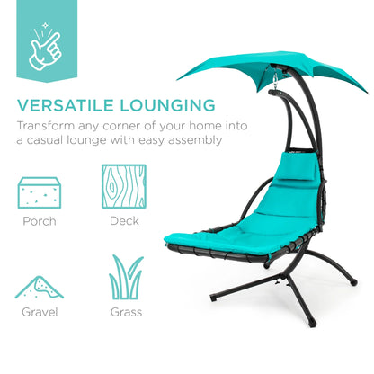Best Choice Products Hanging Curved Chaise Lounge Chair Swing for Backyard, Patio w/ Pillow, Shade, Stand - Teal