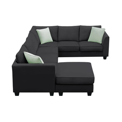 L-Shaped Modular Sectional Couch, KAMIDA 7-Seater Sectional Couch with Ottoman and 3 Pillows, Modern L-Shaped Fabric Upholstered Couch Furniture, Heavy Duty Sectional Couch for Living Room, Black