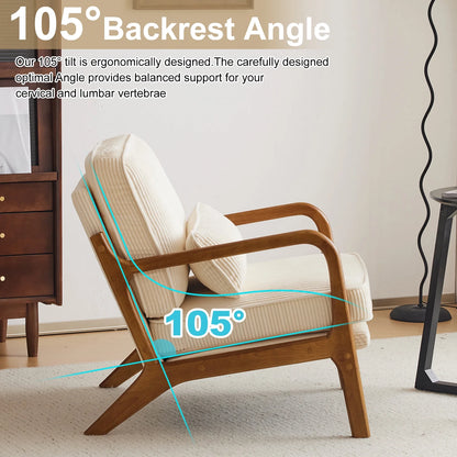 Ktaxon Accent Chair Corduroy Upholstered Armchair, Reading Club Chair with Pillow and Solid Wood Frame for Living Room Bedroom Furniture Off White