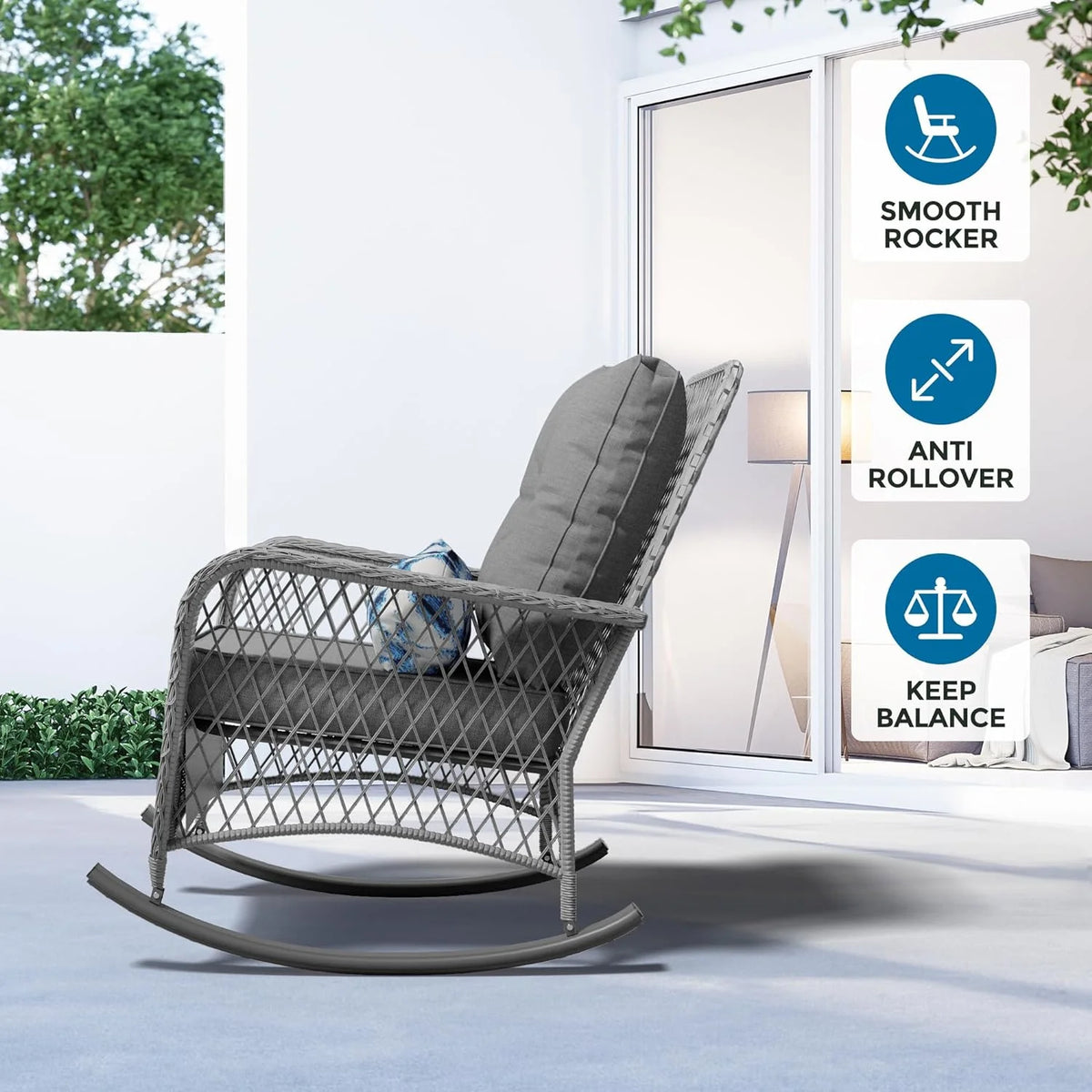 ELPOSUN 3-Piece Outdoor Rocking Chairs, Wicker Patio Furniture with Thickened Cushions and Table for Porch