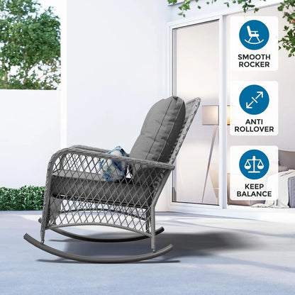 ELPOSUN 3-Piece Outdoor Rocking Chairs, Wicker Patio Furniture with Thickened Cushions and Table for Porch