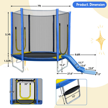 EUROCO  7FT Kids Trampoline with Safety Enclosure Net, Indoor Outdoor Trampoline with Slide,Ladder,Spring Pad,All-Weather Trampolines