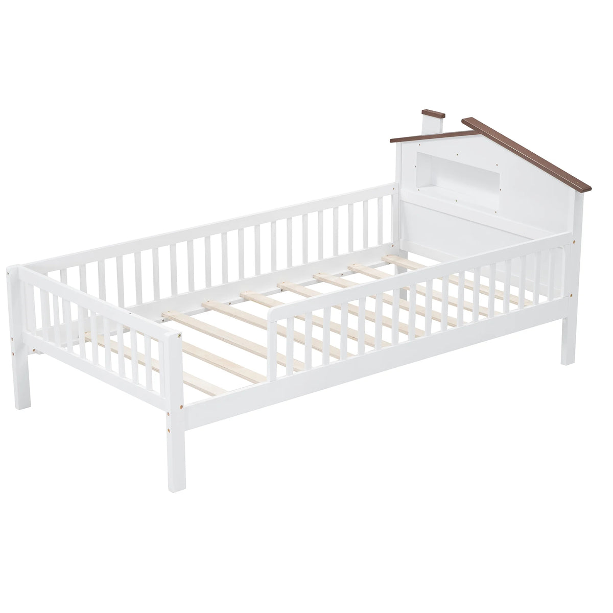 Euroco Wood Twin Size Platform Bed, House Bed with LED Light and Storage, White