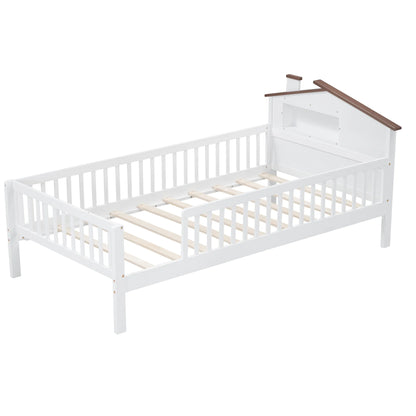 Euroco Wood Twin Size Platform Bed, House Bed with LED Light and Storage, White