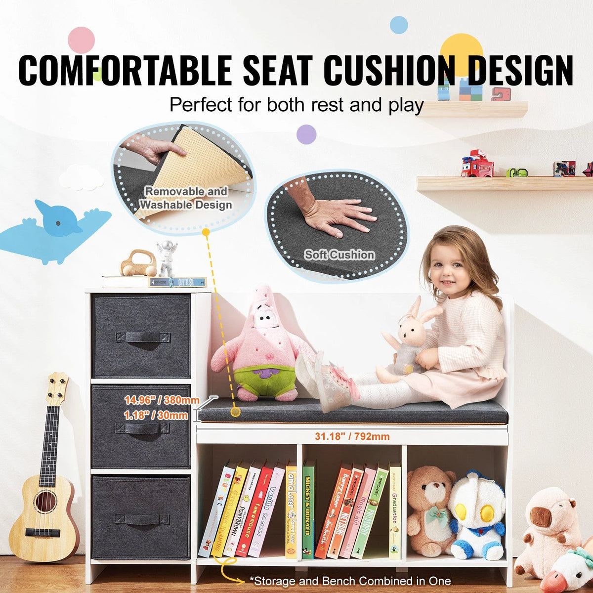 Kids Reading Nook Bench with 6-Cubby Storage, 3 Drawers & Removable Cushion, Toddler Bookshelf Organizer for Playroom Bedroom Living Room Entryway, White Wooden Toy Chest