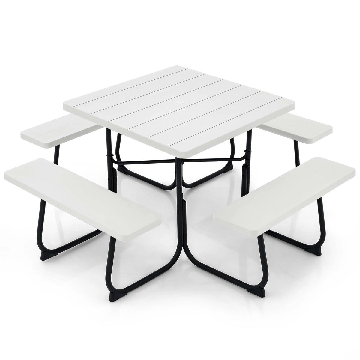 Costway Outdoor 8-person Square Picnic Table Bench Set with 4 Benches & Umbrella Hole White