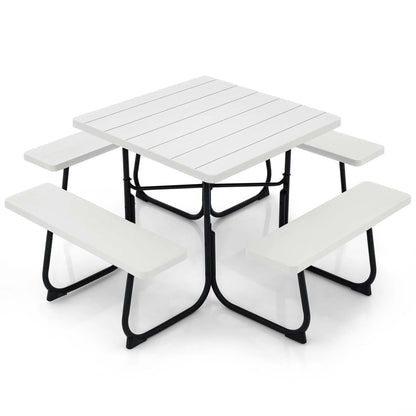 Costway Outdoor 8-person Square Picnic Table Bench Set with 4 Benches & Umbrella Hole White