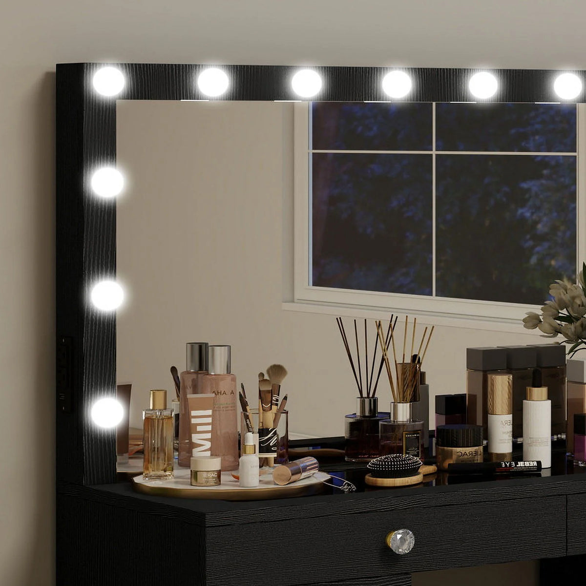 Uforic 55" Vanity Desk with Lighted Mirror & Power Outlet & 8 Drawers, Modern Makeup Vanity Table Set with Storage Stool, White