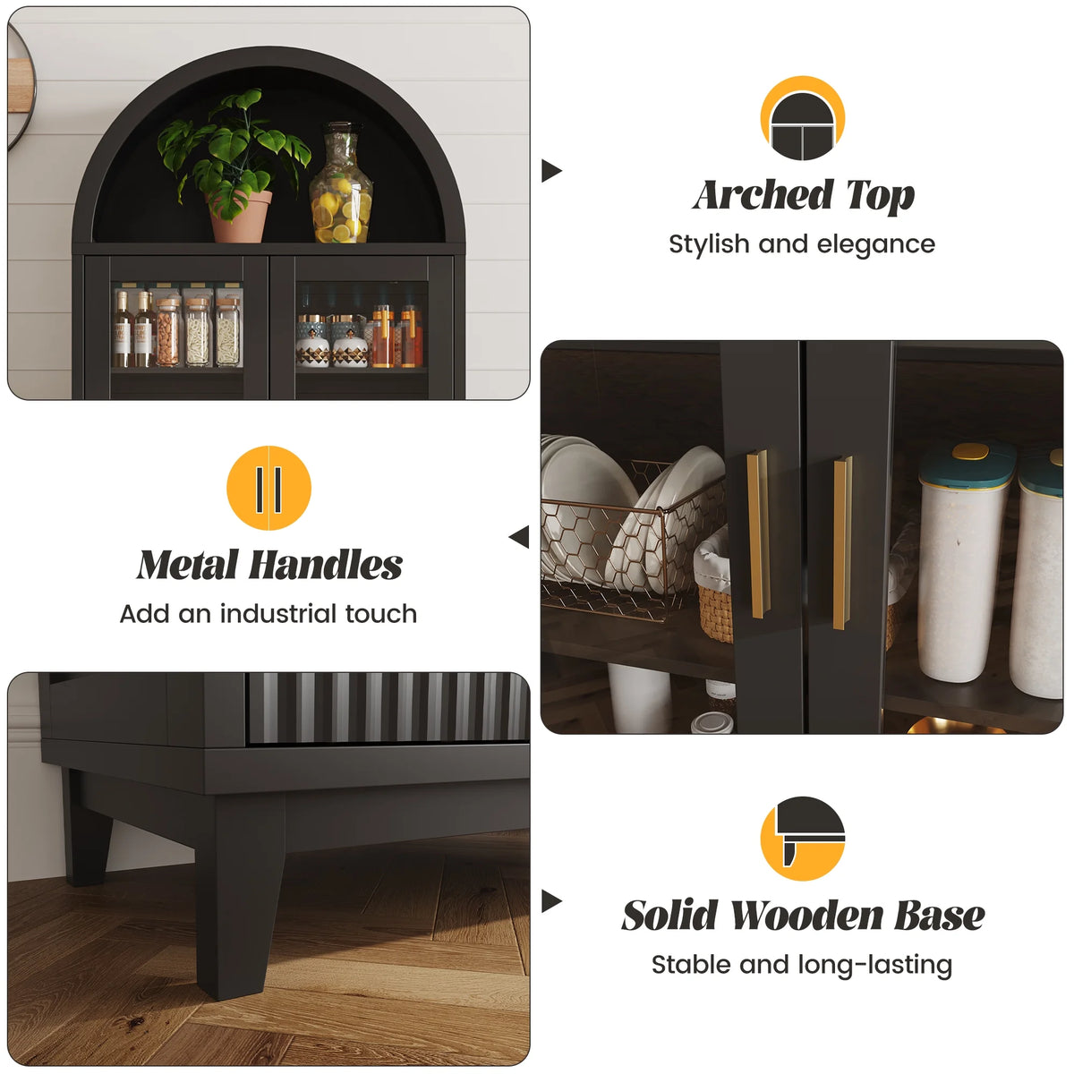 VEANERWOOD 71" Tall Arch Cabinet, Wood Fluted Kitchen Kitchen Storage Cabinet with 4 Doors and 6 Shelves for Dining Room Living Room