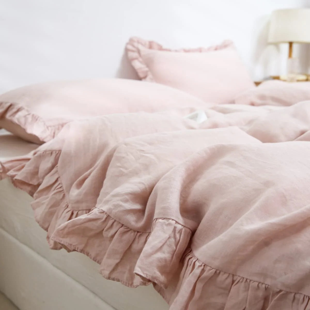 Simple&Opulence 100% Washed Linen Duvet Cover Set-3 Pieces Shabby Chic Premium Ruffled Bedding with 1 Comforter Cover and 2 Pillowshams France Flax High End Frill Sets Vintage Style(King, White)