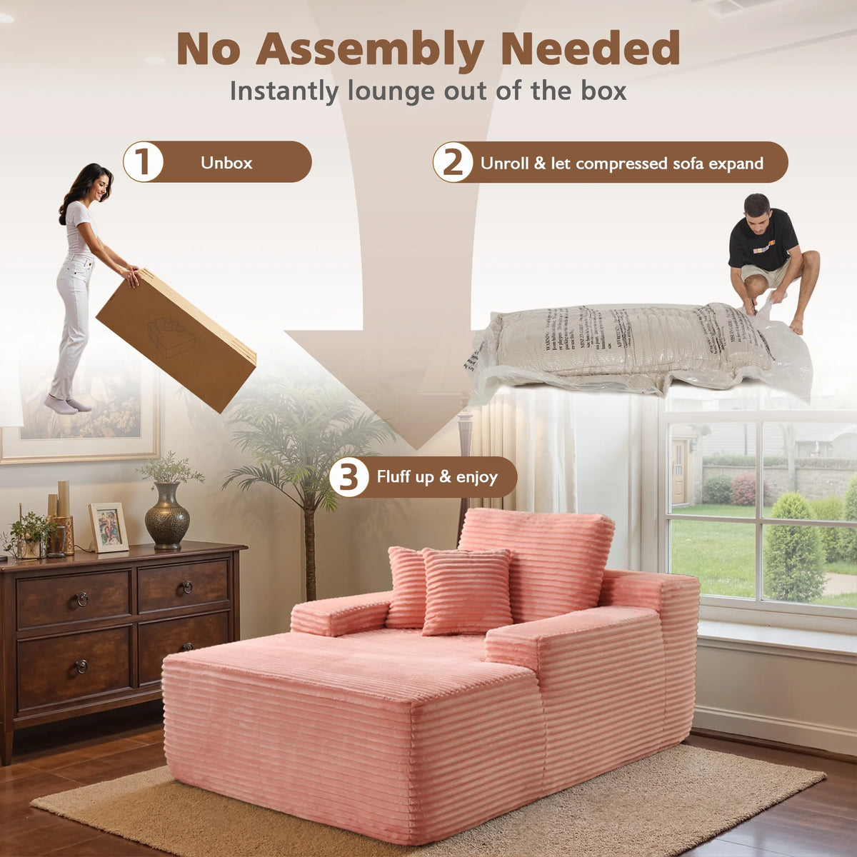 Ovios 67'' Oversized Chaise Lounge Chair Indoor Cloud Plush Corduroy Floor Sofa Bed Deep Seat No Assembly Couch for Living Room, Black