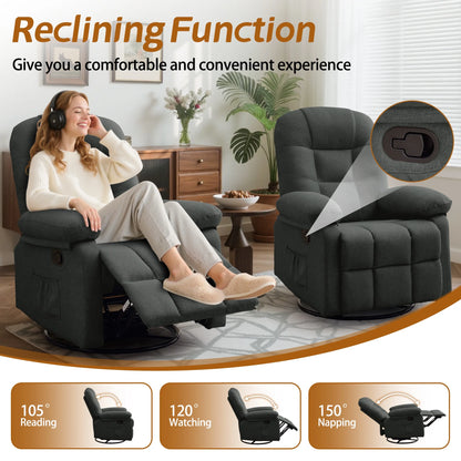 Korser Manual Swivel Rocker Recliner Chair for Living Room,Small Recliner Sofa for Small Spaces,Linen Fabric,Dark Black