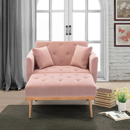 Velvet 2 in 1 Chaise Lounge Indoor Sleeper Chair, Convertible Chairs into Beds with 2 Pillows, Comfy Tufted Sleeper Chair for Bedroom, Living Room, Pink