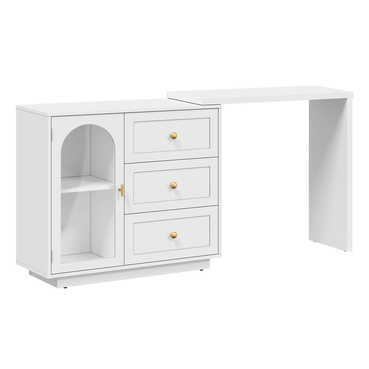 CozyHome 59�� Extendable Corner Vanity Desk with Rotatable Tabletop, Large White Makeup Vanity Table for Women Girl, 3 Drawer & 1 Door, Wood Vanity Dresser for Apartment, Dorm, Study Room, Home Office