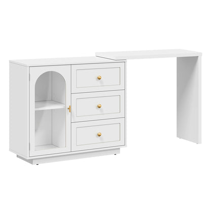 CozyHome 59�� Extendable Corner Vanity Desk with Rotatable Tabletop, Large White Makeup Vanity Table for Women Girl, 3 Drawer & 1 Door, Wood Vanity Dresser for Apartment, Dorm, Study Room, Home Office