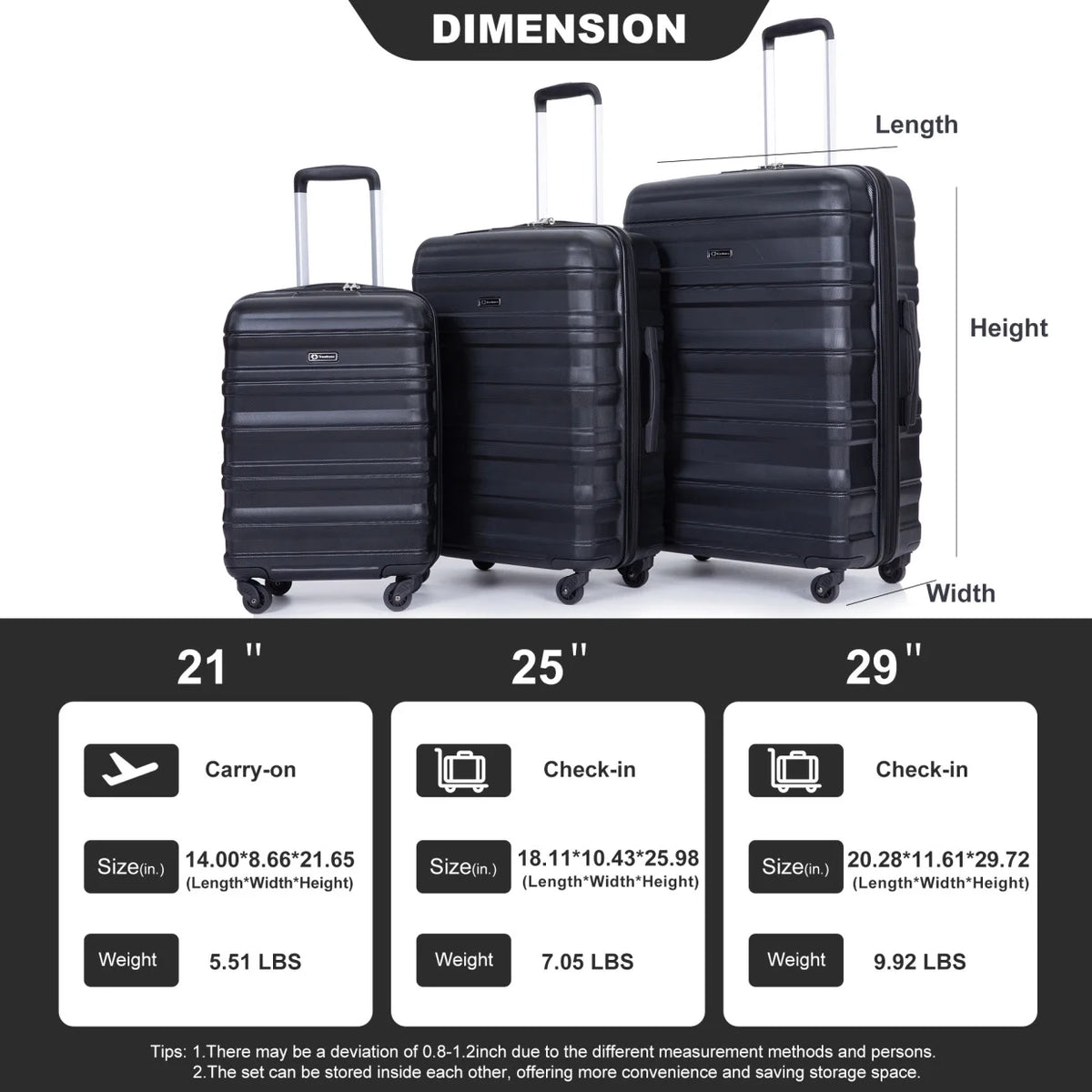 3 Piece Luggage Sets, PC Lightweight Durable Expandable Suitcase with 2 Hooks and TSA Lock, Suitcases with Wheels,21in 25in 29in,Gray