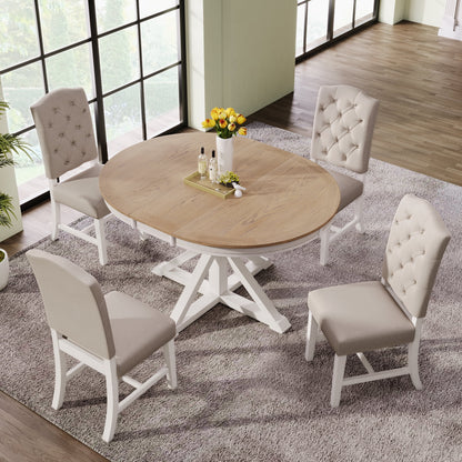 Harper & Bright Designs Round Extendable Dining Table Set for 4, 5 Piece Farmhouse Wood Dining Table Set with 4 Upholstered Dining Chairs, Natural Wood Wash