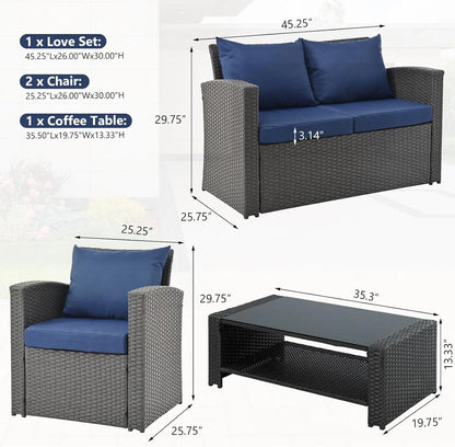 HighSound 4 Piece Patio Furniture Set, Outdoor Wicker Patio Sectional Sofa, All Weather PE Rattan Outdoor Sectional with Cushions & Coffee Table, Dark Gray