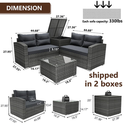 SEGMART 4 Piece Patio Furniture Set, All-Weather Outdoor Sectional Sofa Set, PE Rattan Conversation Set with Storage Box, Table & Cushions, Wicker Furniture Couch Set for Patio Deck Garden