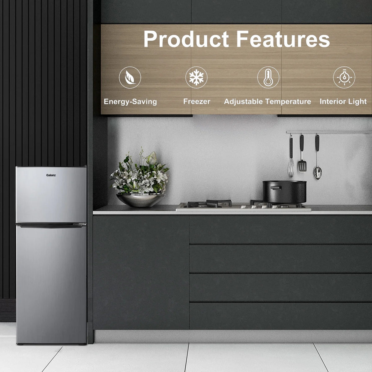 Galanz 4.6. Cu ft Two Door Mini Refrigerator with Freezer, Stainless Steel, New, Width 19.13"