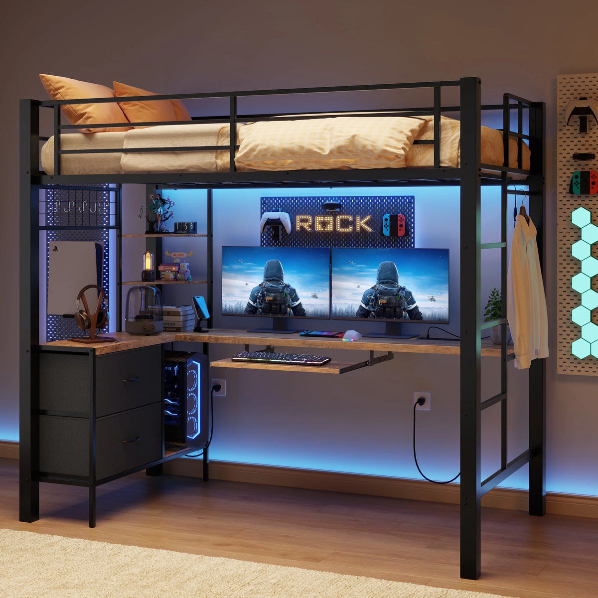 Lofka Twin Loft Bed with L-Shaped Desk, RGB Lights & Charging Station, 400lb Capacity Metal Frame, 3 Shelves & 2 Drawers, Easy Assembly��White