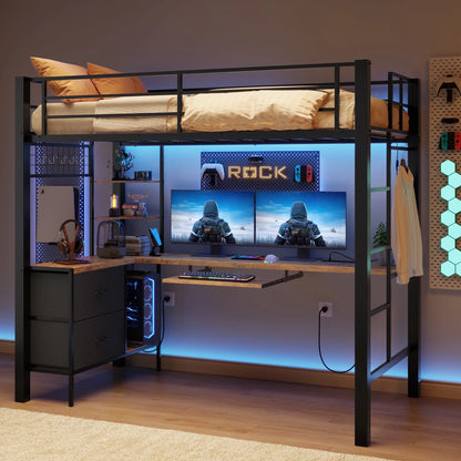 Lofka Twin Loft Bed with L-Shaped Desk, RGB Lights & Charging Station, 400lb Capacity Metal Frame, 3 Shelves & 2 Drawers, Easy Assembly��White