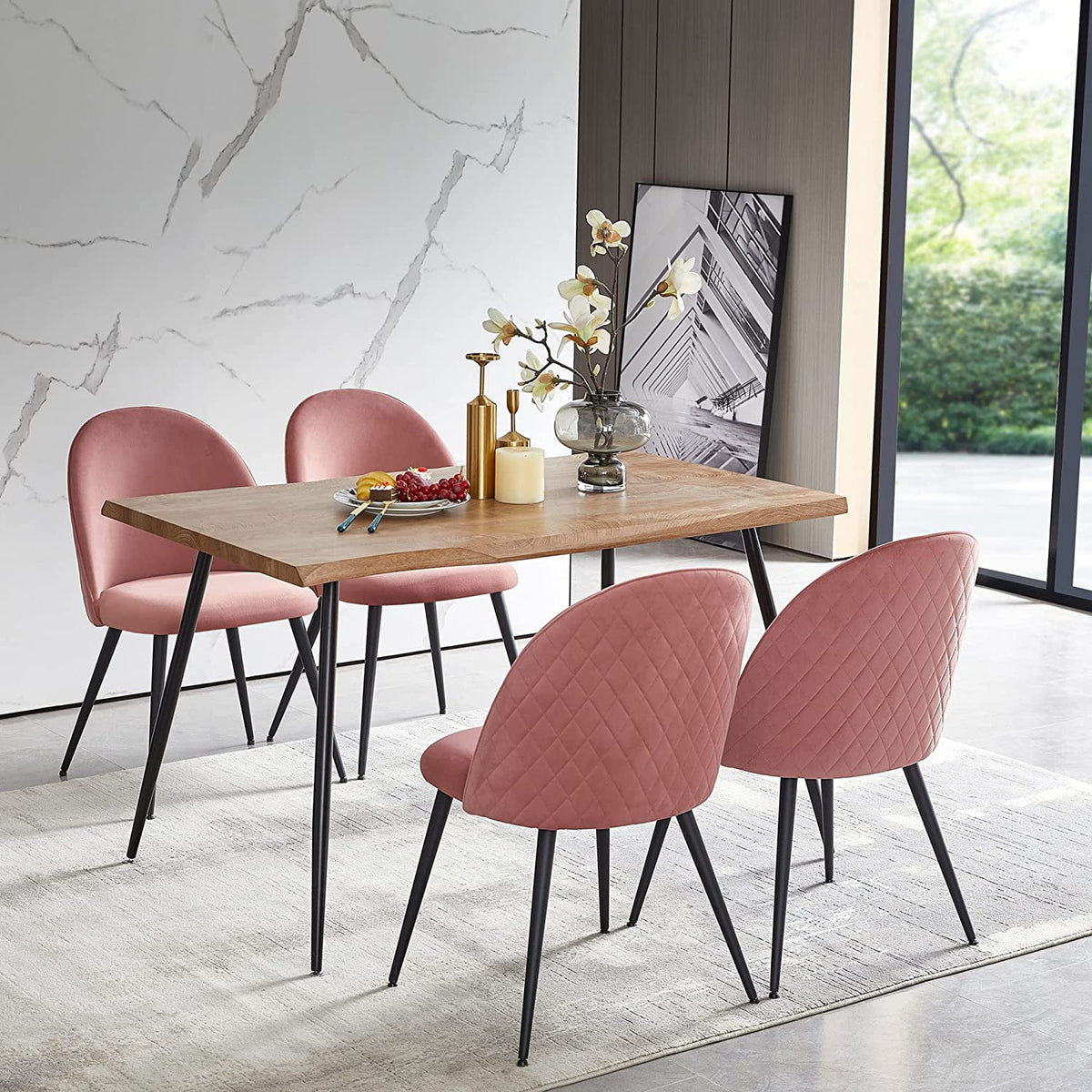 NORDICANA Dining Table Set for 4,Stylish Table with Strong Metal Legs & Modern Dining Chair Armlss Beautiful Home Chair Indoor Velvet Accent Chair with High Back Design,Perfect for Dining Room