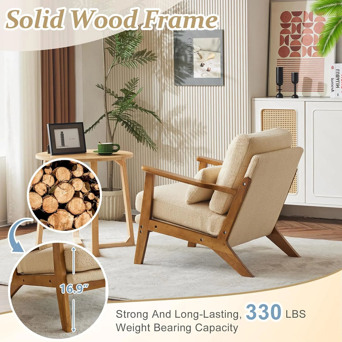 RWTFGV Solid Wood Wide Armrests Accent Chair,Upholstered Mid Century Modern Chair with Pillow,Comfy Reading Chair Farmhouse Arm Chair,Chairs Living Room,Bedroom,Guest Room,Linen Fabric,Beige
