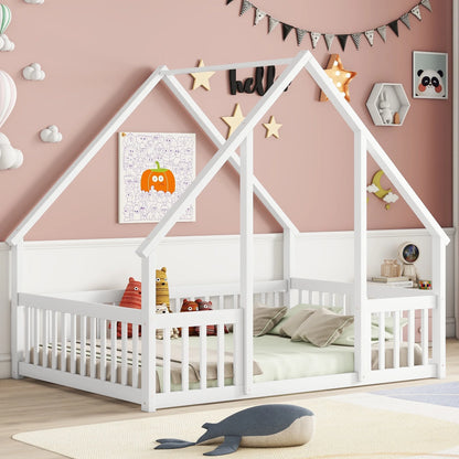Bellemave Twin Size Floor Bed Frame, Wooden House Bed Twin Size with Fence, Montessori Bed with Guardrails for Bedroom (White)