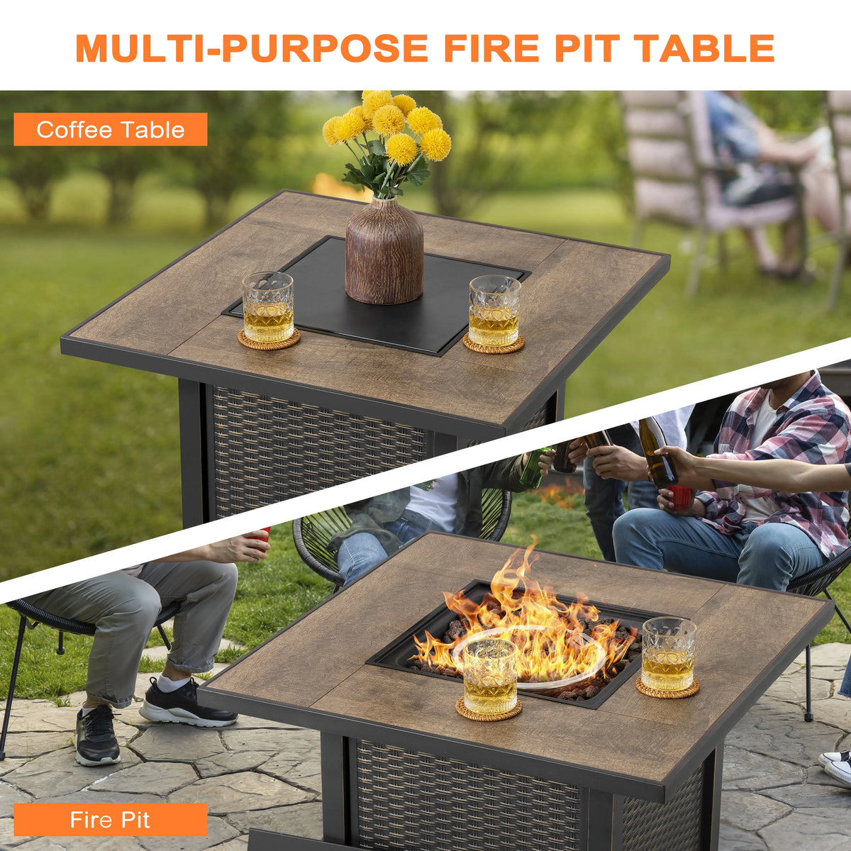 Nuu Garden Square 30" Outdoor Propane Fire Pit Table, 50,000 BTU Gas Fire Pit with Lid, Hand-Woven Wicker, with Glass Beads and CSA Certification