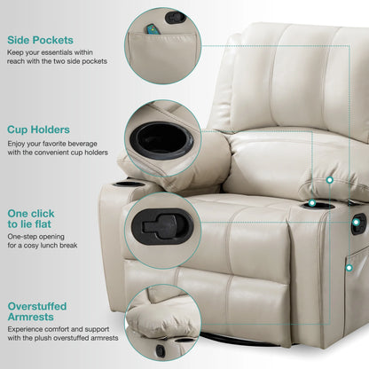JONPONY Manual Recliner Chair with Heat Therapy and Massage Function, Heavy Duty Reclining Mechanism Massage Chair, Elderly Single Rocker Sofa with Cup Holders for Bedroom Home Theater,Black