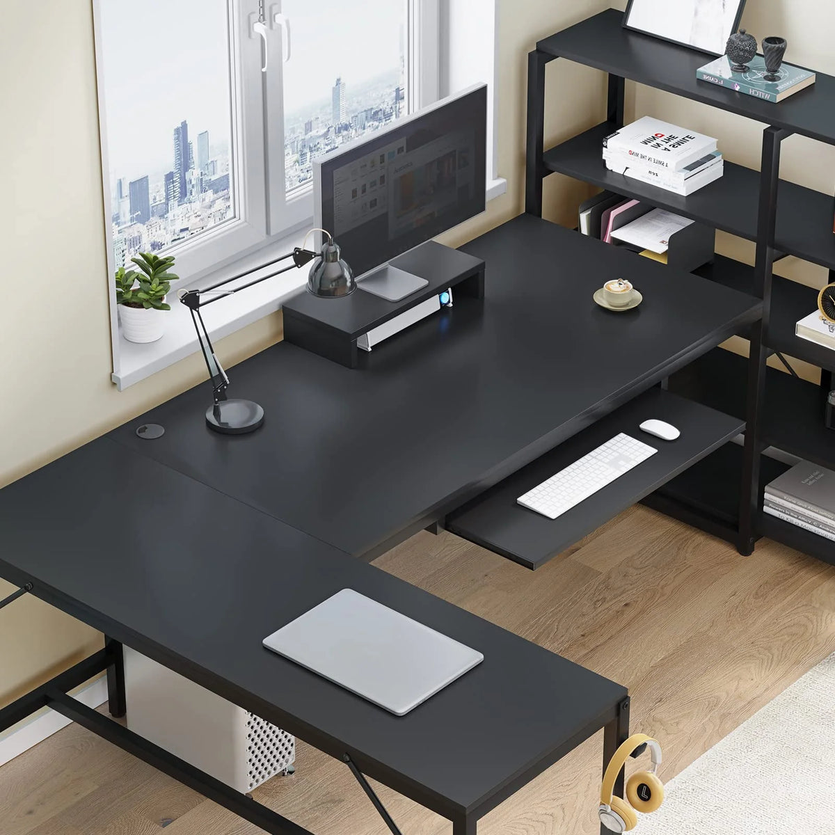 L Shaped Computer Desk, 63'' Corner Gaming Desk with LED Lights, Black Finish
