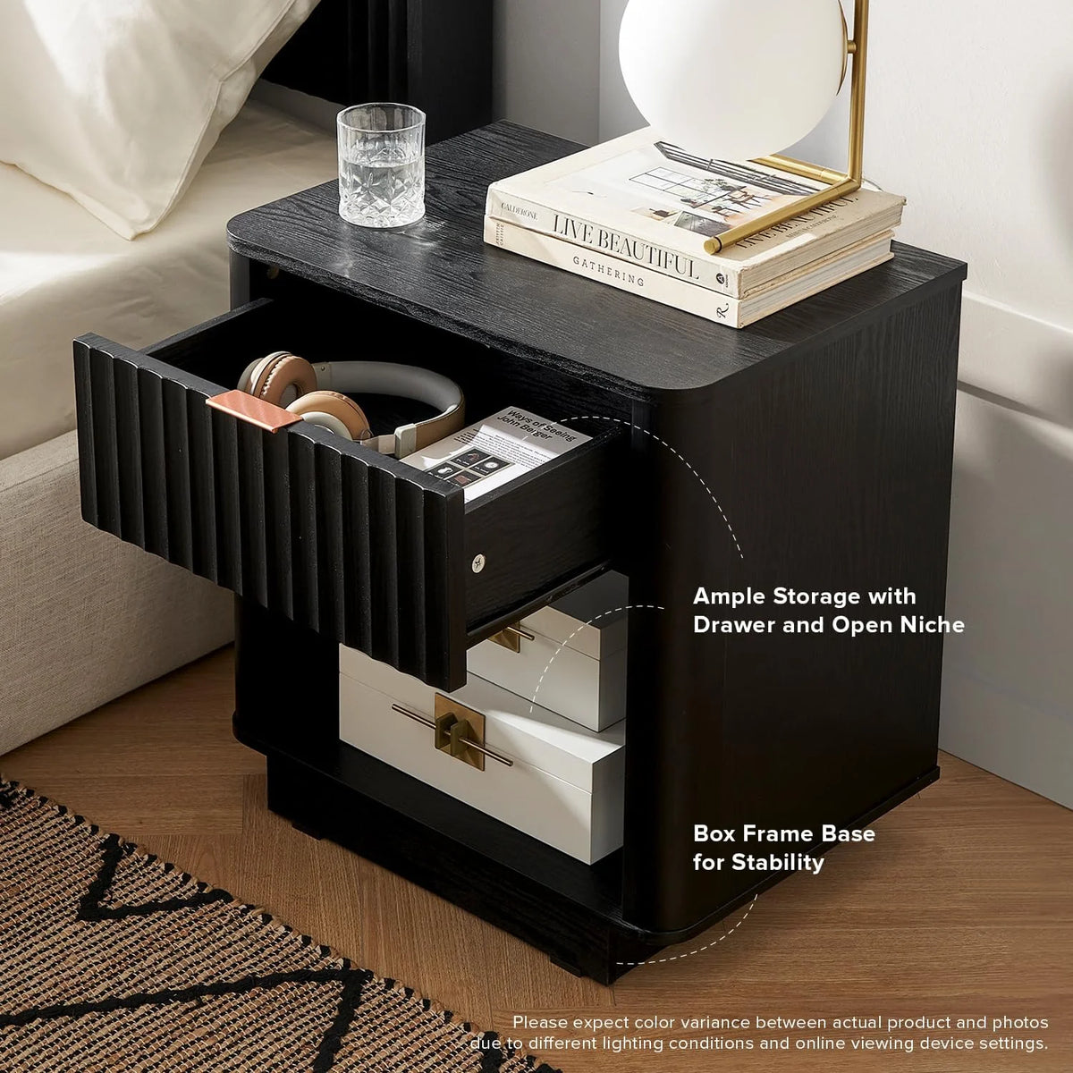 Mopio Brooklyn Oak Nightstand, Modern Farmhouse Side Table with Drawer and Storage, Fluted Panel, Curved Profile, Rose Gold Handle