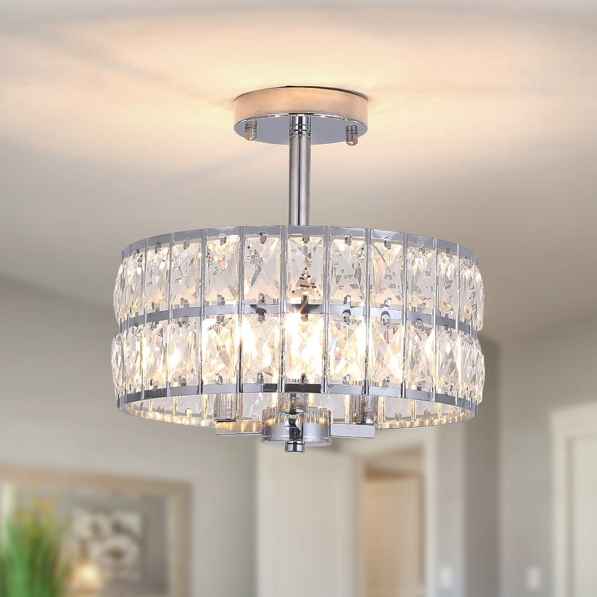 3-Light Crystal Semi Flush Mount Lights for Living Room Hallway French Gold